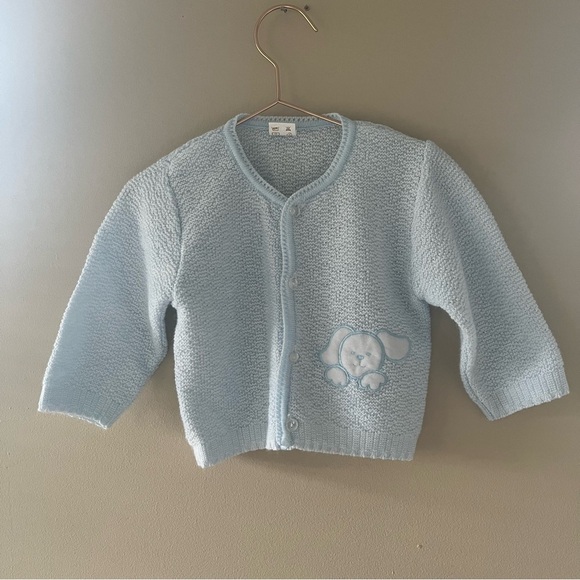 Vintage T.C. Babies Baby Blue Puppy Button Up Cardigan Sweater 12-18 Months - Picture 1 of 5